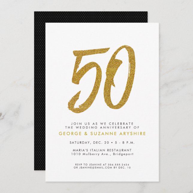 Convite de festa de aniversário de 50 anos dourado (Frente/Verso)