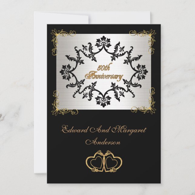 convite de festa de aniversário de 50 anos preto e (Frente)