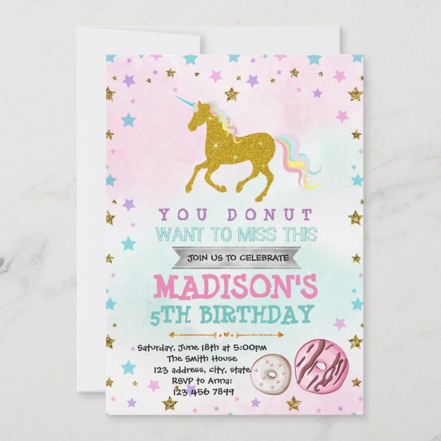 convite de festa de aniversário de donut de unicór (Frente)