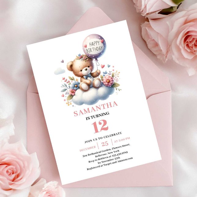 Convite de Festa de Aniversário de Menina com Urso (Girl Birthday Invitation Cute Teddy Bear Balloon Party)