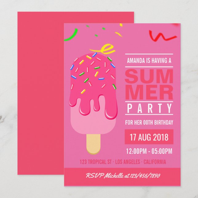 convite de festa de aniversário de menina de verão (Frente/Verso)