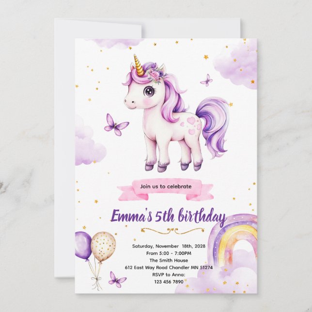 convite de festa de aniversário de unicórnio roxo (Frente)