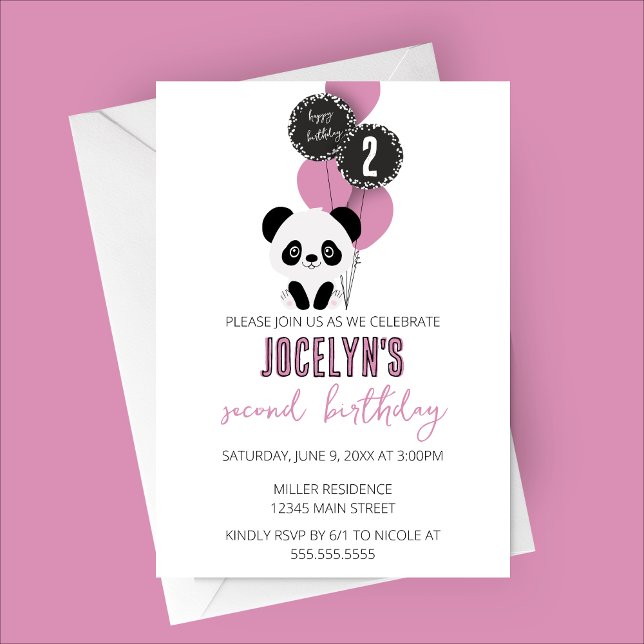 Convite de Festa de aniversário de Urso Panda Mini (Minimalist Panda Birthday Party Invitation with Pink Balloons)