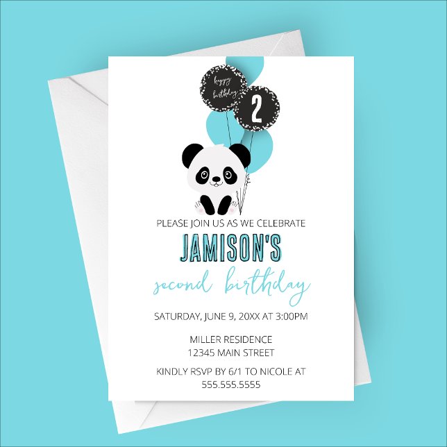 Convite de Festa de aniversário de Urso Panda Mini (Minimalist Panda Birthday Party Invitation with Blue Balloons)