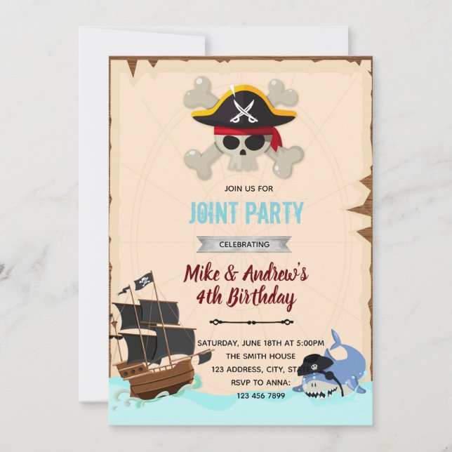 convite de festa de aniversário do tubarão pirata (Frente)