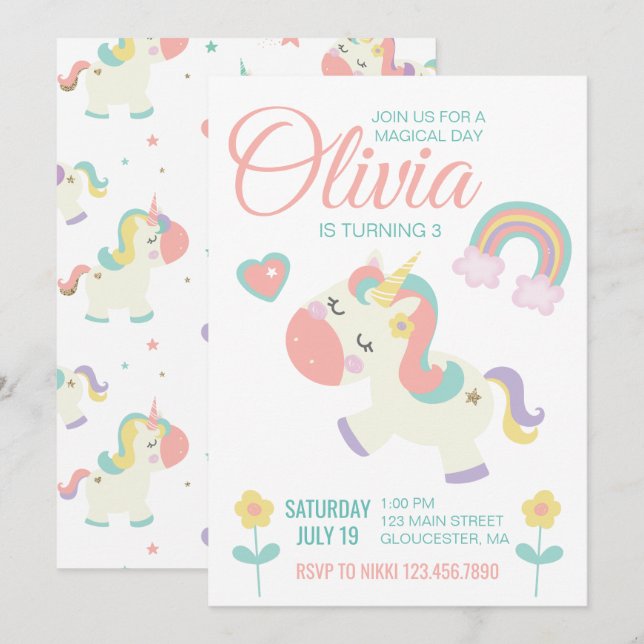 convite de festa de aniversário do Unicórnio Mágic (Frente/Verso)