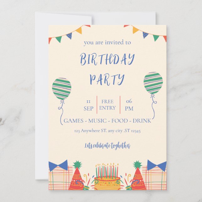 convite de festa de aniversário ilustrativo colora (Frente)