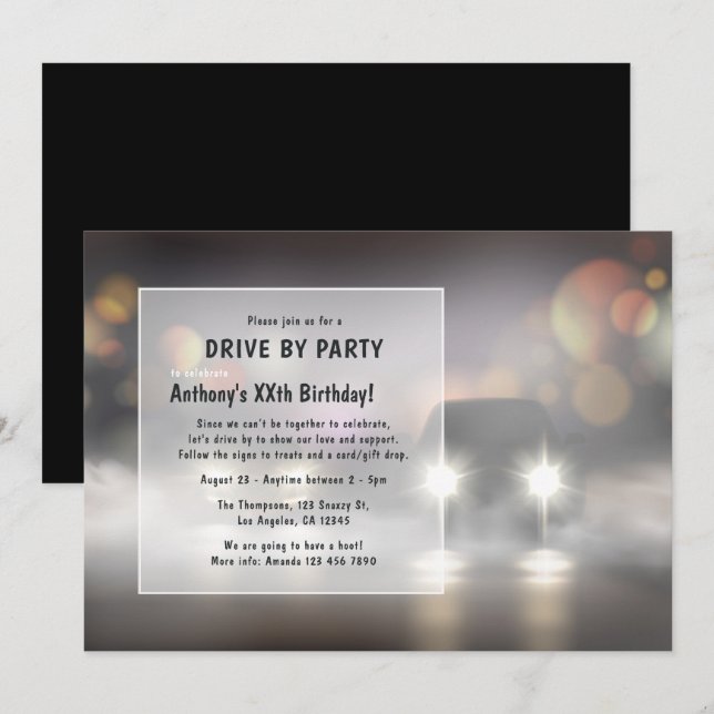 Convite de Festa de Aniversário Noturno de Carro (Frente/Verso)