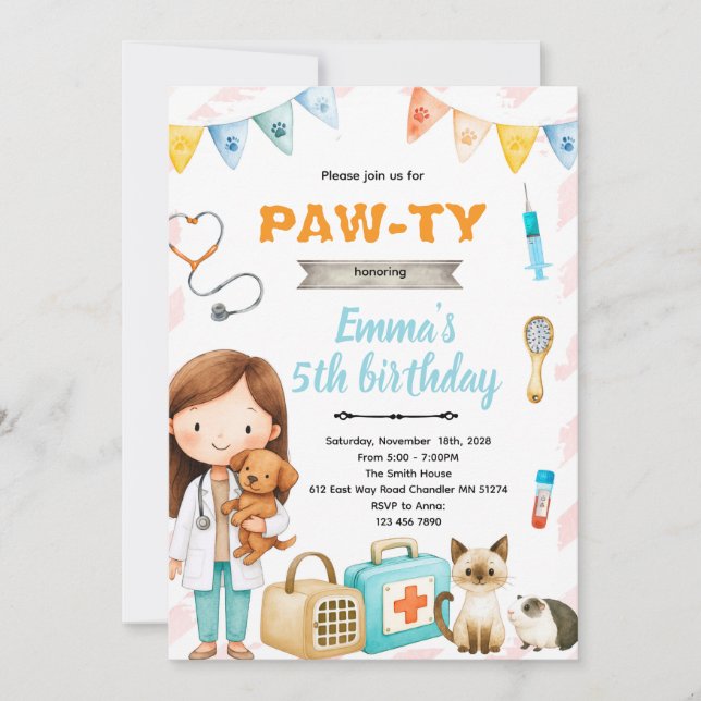 convite de festa de aniversário tema veterinário (Frente)