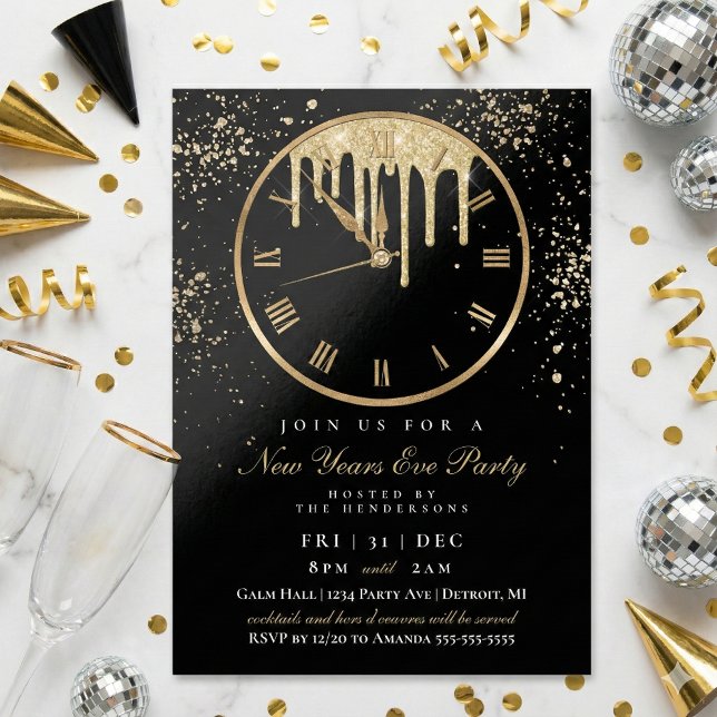 Convite de festa de Ano Novo com relógio elegante  (Elegant and Modern New Years Eve Party Clock Invitation)