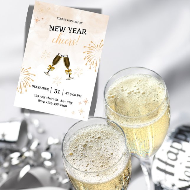 Convite de Festa de Ano Novo Festiva ("Festive 'Cheers!' NYE Invites. Set the tone for a fun, social party. Customize & send today!")