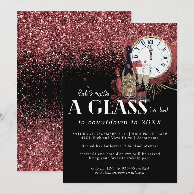 Convite de Festa de Ano Novo Glitz e Glamour (Frente/Verso)