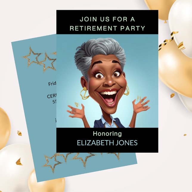 Convite de festa de aposentadoria com caricatura e (Funny Retirement Party Caricature Lady Invitation)