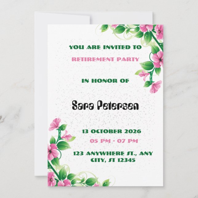 Convite de festa de aposentadoria com flor rosa de (Frente)