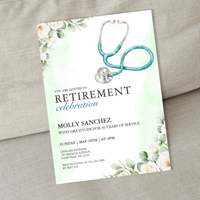 Convite de Festa de Aposentadoria de Médico Enferm (Floral Stethoscope Doctor Nurse Retirement Party Invitation)