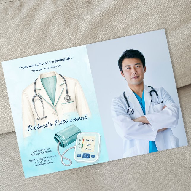 Convite de Festa de Aposentadoria de Médico Enferm (Photo Watercolor Doctor Nurse Retirement Party Invitation)