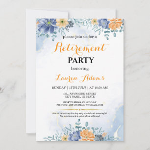 Convite de festa de aposentadoria floral azul e pê