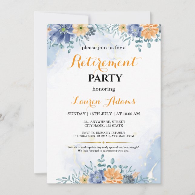 Convite de festa de aposentadoria floral azul e pê (Frente)