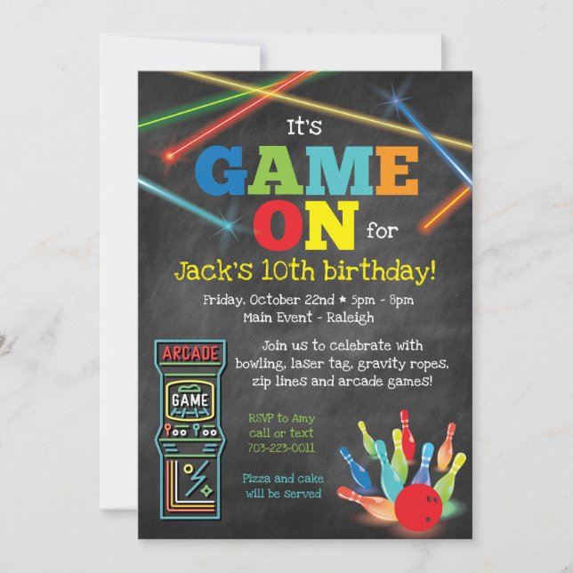 Convite de festa de arcade de boliche Game On em q (Frente)