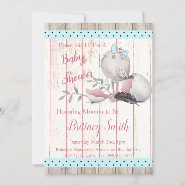 Convite de festa de baby shower de passarinho (Frente)