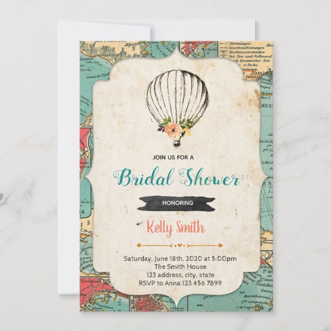 convite de festa de balão de ar quente de mapa ant (Frente)
