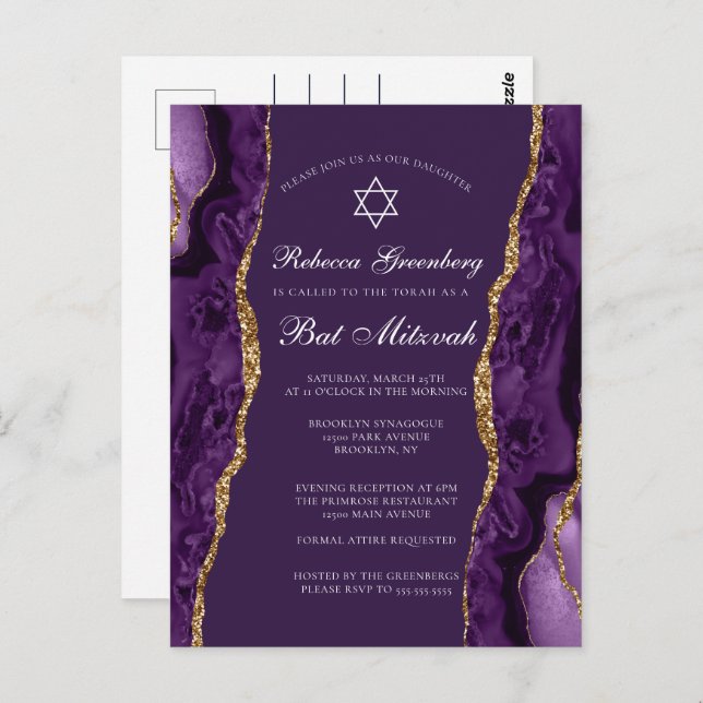 Convite de festa de Bat Mitzvah roxo dourado Chic (Frente/Verso)