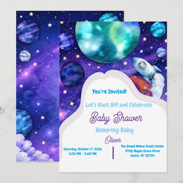 Convite de Festa de Bebê Espaço Aquarela Foguete (Frente/Verso)
