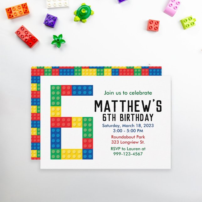 Convite de festa de bloco de construção para a 6ª  (6th Birthday Building Block Invitation)