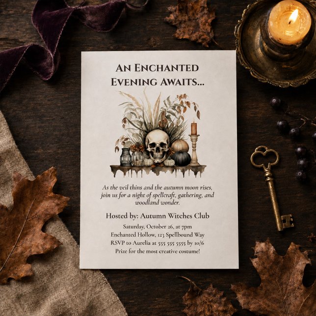 Convite de festa de bruxa com caveira e velas para (Elegant Autumn Skull and Candles Witch Party Invitation)