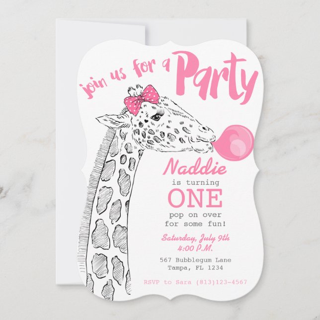 Convite de festa de Bubblegum Rosa e Girafa (Frente)