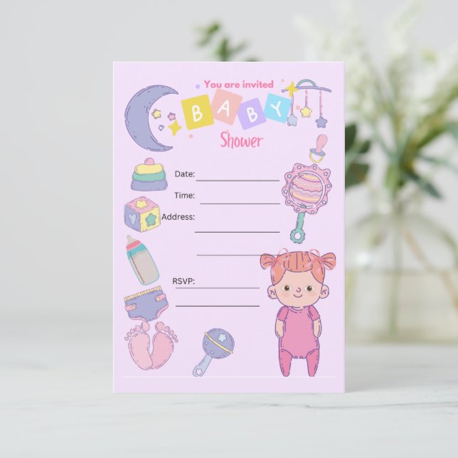CONVITE DE FESTA DE CHÁ DE BEBÊ MENINA (Em pé/Frente)
