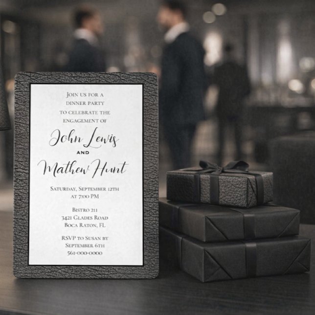 Convite de Festa de Compromisso Masculino Moderno (Elegant engagement dinner invitation featuring modern masculine design)