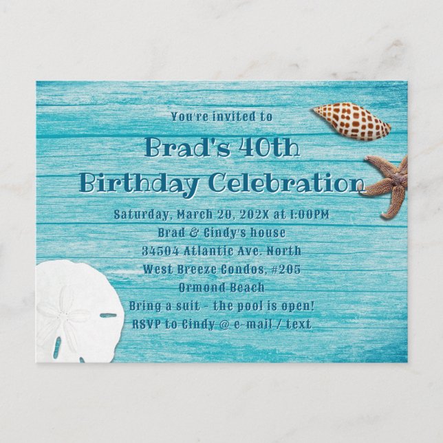 Convite de festa de conchas da praia de madeira az (Frente)