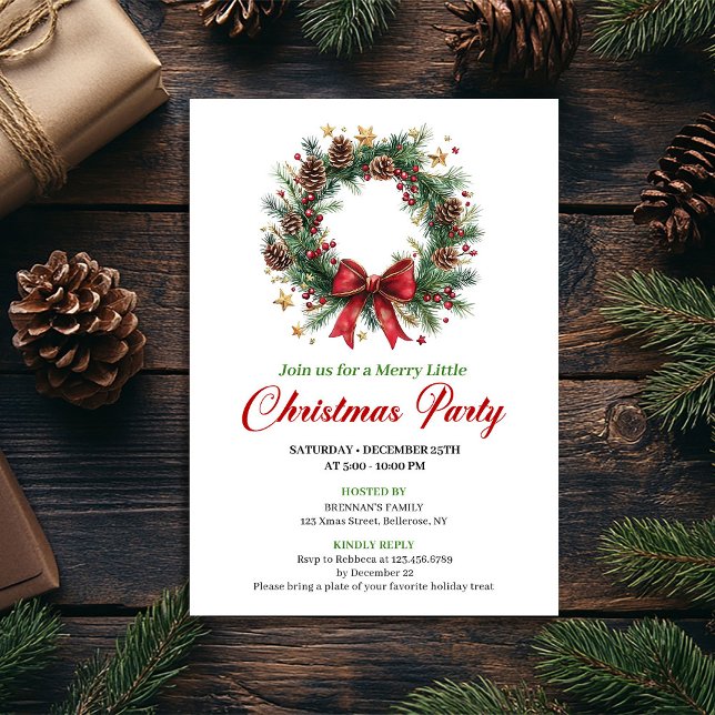 Convite de Festa de Coroa de Natal Clássica e Eleg (Elegant Classic Christmas Wreath Party Card)