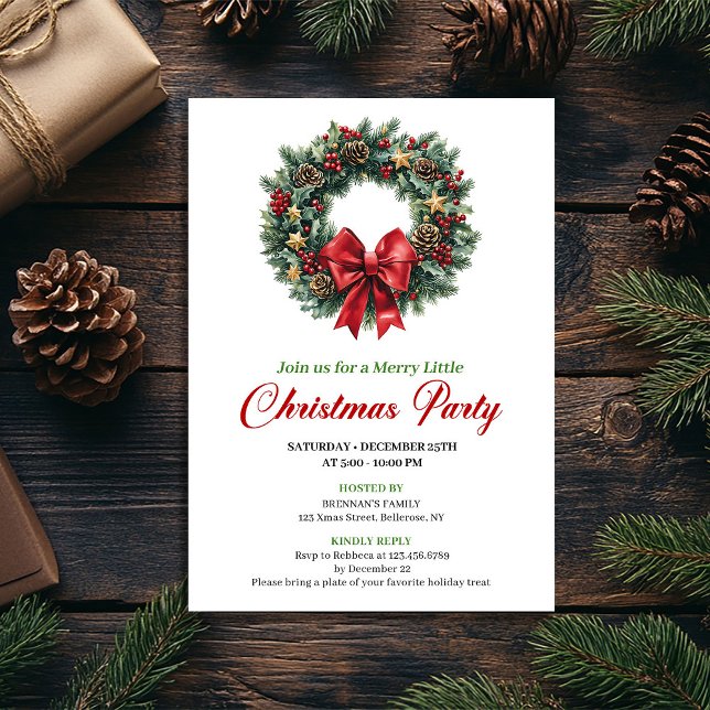 Convite de Festa de Coroa de Pinheiro Verde Vermel (Elegant Red Green Pine Wreath Party Invitation)
