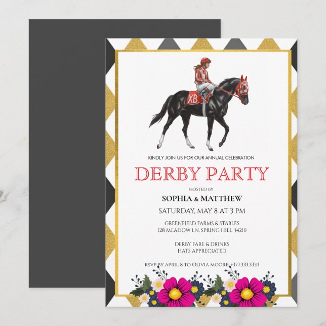 Convite de Festa de Corrida de Cavalos Derby Elega (Frente/Verso)