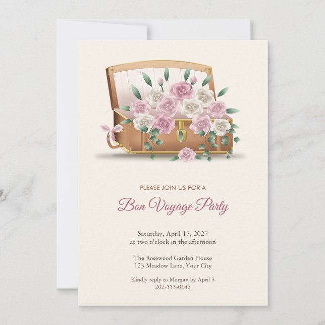 Convite de festa de despedida Baú e Rosas (Frente)