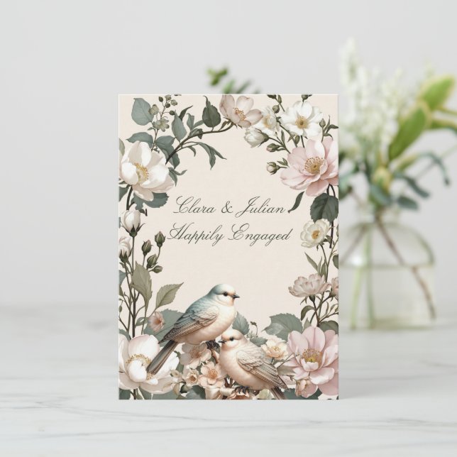 Convite de Festa de Engajamento Floral LoveBird (Em pé/Frente)