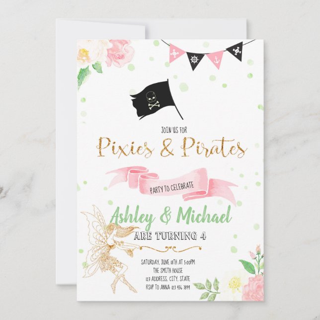 Convite de festa de fada e pirata (Frente)
