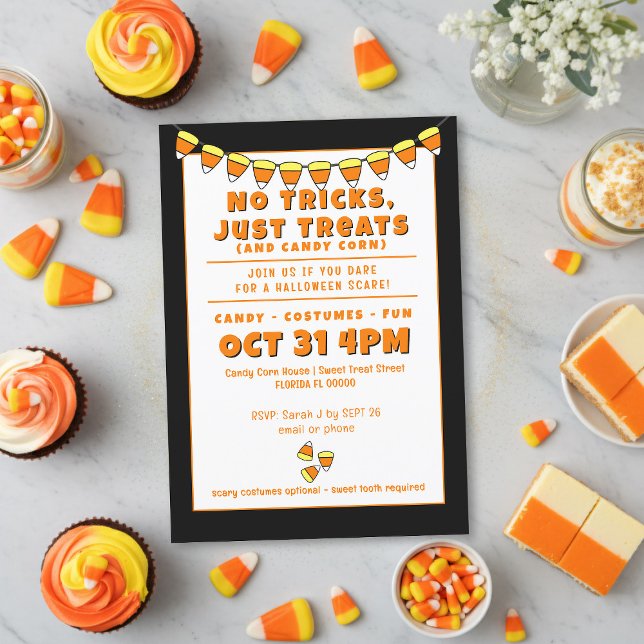 Convite de Festa de Fantasia de Halloween com Tema (No tricks just all the treats at your candy corn costume party. Add your details and eat them all)