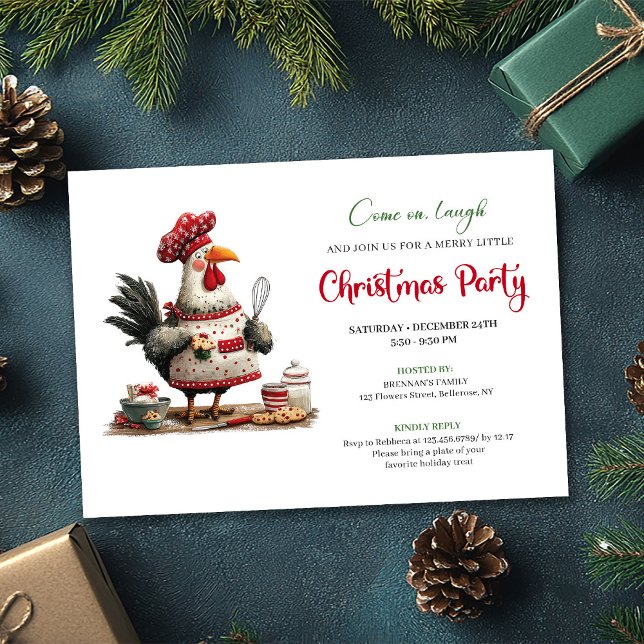 Convite de Festa de Fim de Ano com Galinha Excêntr (Quirky Watercolor Chickens Festive Holiday Invitation)