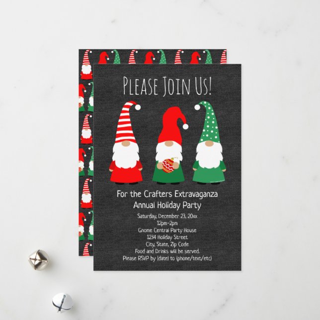 Convite de Festa de Fim de Ano com Gnomos de Natal (Frente/Verso In Situ)