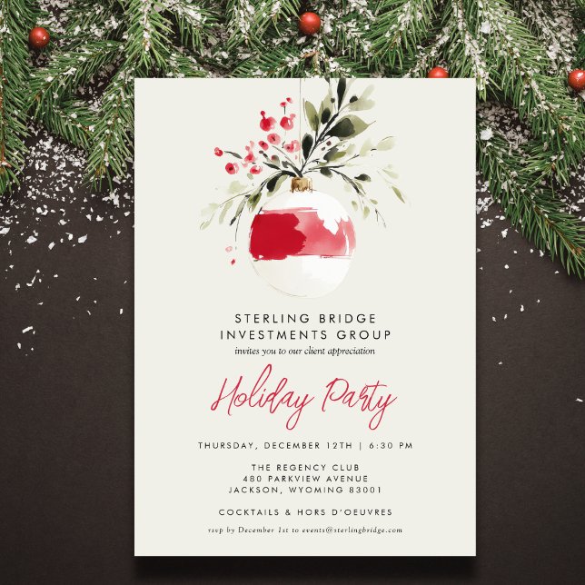 Convite de Festa de Fim de Ano com Ornamentação em (Personalize for your business holiday party or open house. Back features a soft mistletoe pattern.)