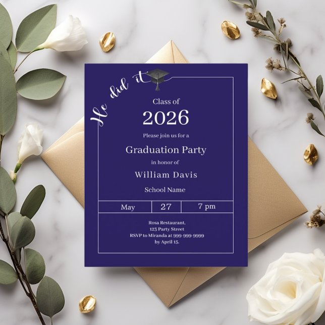 Convite de festa de formatura azul branco Ele cons (Criador carregado)