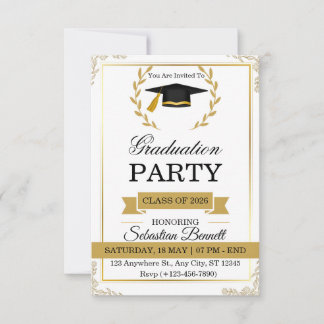 Convite de Festa de Formatura Branco e Dourado Ele