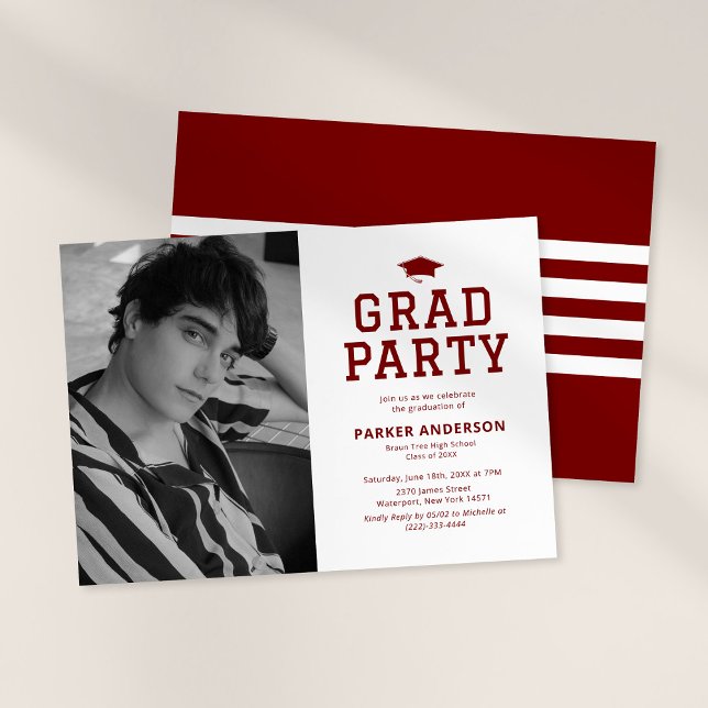 Convite de festa de formatura Burgundy Red Varsity (Criador carregado)