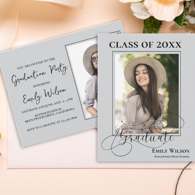 Convite de festa de formatura com 2 fotos elegante (Stylish 2025 2 Photo Graduation Party Invitation Postcard)