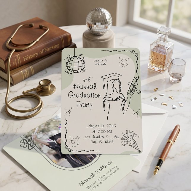 Convite de Festa de Formatura com Arco Verde Salvi (Hand Drawn Sage Green Arch Photo Graduation Party Invitation)