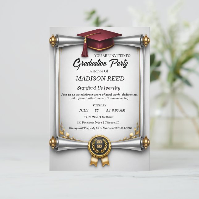 Convite de Festa de Formatura com Boina Marrom Ele (Em pé/Frente)