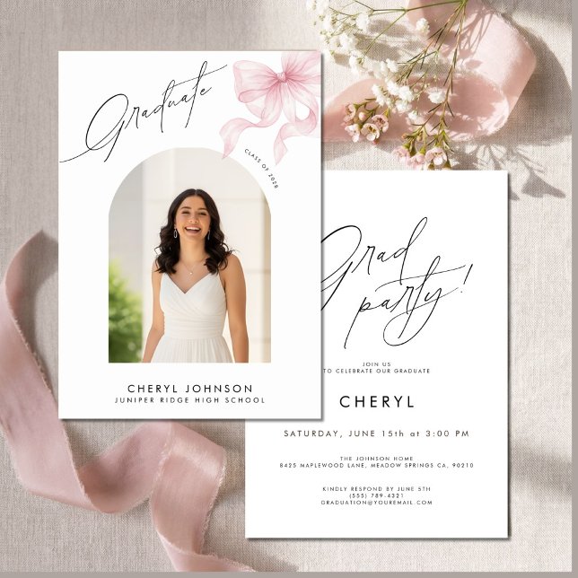Convite de Festa de Formatura com Foto e Laço Rosa (Criador carregado)